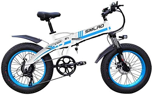 Electric Bike : ZMHVOL Ebikes, Electric Fat Tire Bike, 20" 350W Adult Electric Mountain Bike, with Removable 48V 8Ah Lithium-Ion Battery, Professional 7 Speed Gears ZDWN (Color : Blue and white)