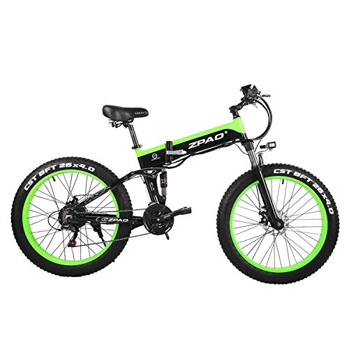 Electric Bike : ZPAO 26 Inch 48V 500W Folding Mountain Bike, 4.0 Fat Tire Electric bike, Handlebar Adjustable, LCD Display with USB Plug (Black Green, 12.8Ah + 1 Spare Battery)