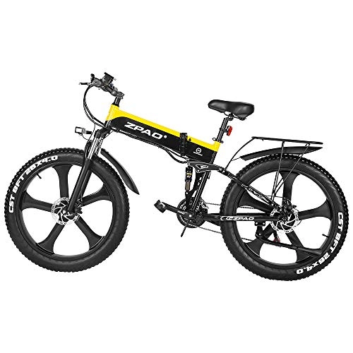 Electric Bike : ZPAO 26 Inch Fat Bike 1000W Folding Electric Bicycle 21 Speed Mountain Bike Top Brand Battery LCD Display With USB (Black Yellow, 48V 12.8Ah)