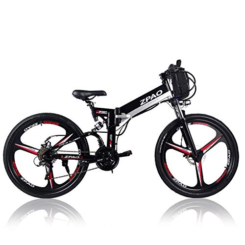 Electric Bike : ZPAO KB26 21 Speed Folding Electric Bicycle, 48V 10.4Ah Lithium Battery, 350W 26 Inch Mountain Bike, 5 Level Pedal Assist, Suspension Fork (Black Double Battery, Standard)