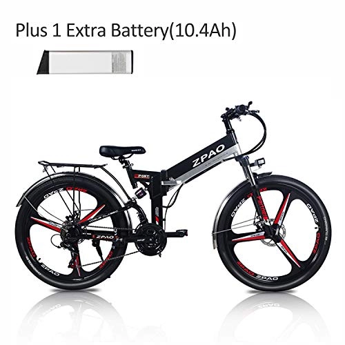 Electric Bike : ZPAO KB26 26 Inch Folding Electric Bicycle, 48V 10.4Ah Lithium Battery, 350W Mountain Bike, 5 Grade Pedal Assist, Suspension Fork (Black-I Plus 1 Extra Battery)