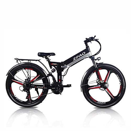 Electric Bike : ZPAO KB26 26 Inch Folding Electric Bicycle, 48V 10.4Ah Lithium Battery, 350W Mountain Bike, 5 Grade Pedal Assist, Suspension Fork (Black Integrated Wheel)