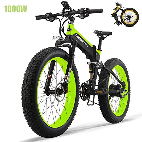Electric Bike : ZWDM Fat Tires Folding Electric Bikes for Adults 26'' Mountain Electric Bicycle 48V 13Ah Ebikes with 27 Speed Gear 1000W Fast Battery Charger Electric Lock, Green