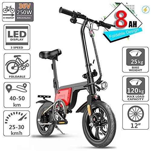 Electric Bike : ZXC0226 Folding Electric Bicycle, with 40-50Km Range Lightweight Aluminum Adults MTB E-Bike with Waterproof Large Capacity 36V 8A Lithium Battery and Charger, 3 Speed and Brushless motor, Red