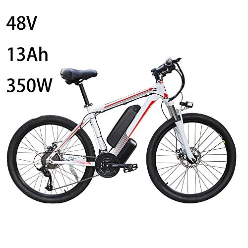 Electric Bike : ZXL 26" Electric Bycicles for Men, Ip54 Waterproof Adult Electric Mountain Bike, with Removable 48V 13Ah Lithium-ion Battery for Adults, 21 Speed Shifter Electric Bike, white red