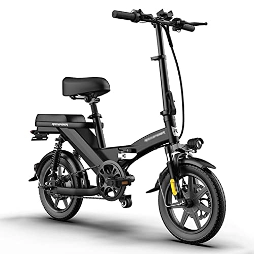 Electric Bike : ZXQZ Fold Electric Bike for Adults, 14'' Commute Ebike with Quadruple Shock Absorption, 3 Riding Modes (Color : Black, Size : 65km)