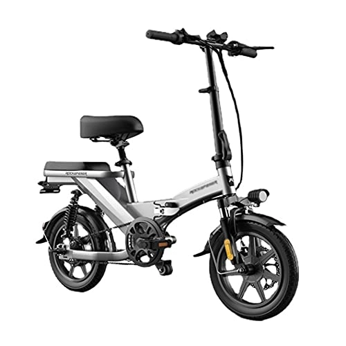 Electric Bike : ZXQZ Fold Electric Bike for Adults, 14'' Commute Ebike with Quadruple Shock Absorption, 3 Riding Modes (Color : Gray, Size : 50km)