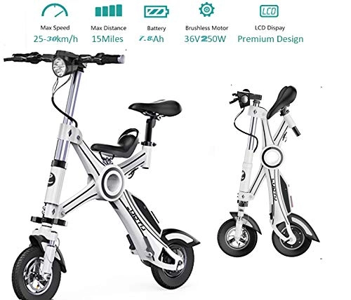 Electric Bike : ZYT Folding Double Electric Bike, 250W 10 Inch Electric Bicycle with Removable 36V 7.8AH / 25KM / H Lithium-Ion Battery for Adults, with Front Light, White