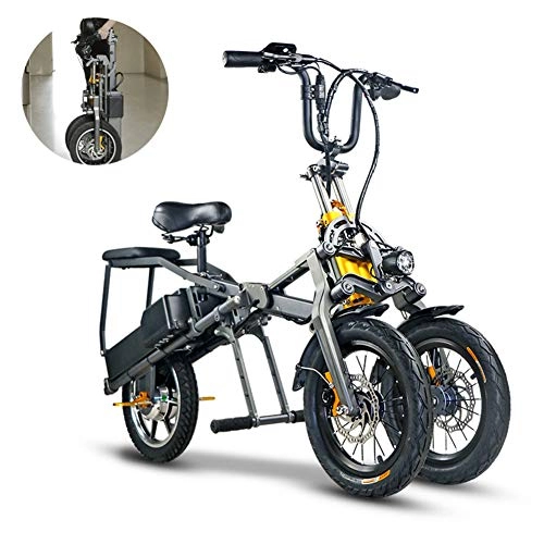 Electric Bike : ZZQ Three-wheeled Electric Bicycle Double Battery One Button Fast Folding Ebike with 48V 350Wh Pedals Double Battery, Fashion Parent-child Travel with 14 inch Wheels