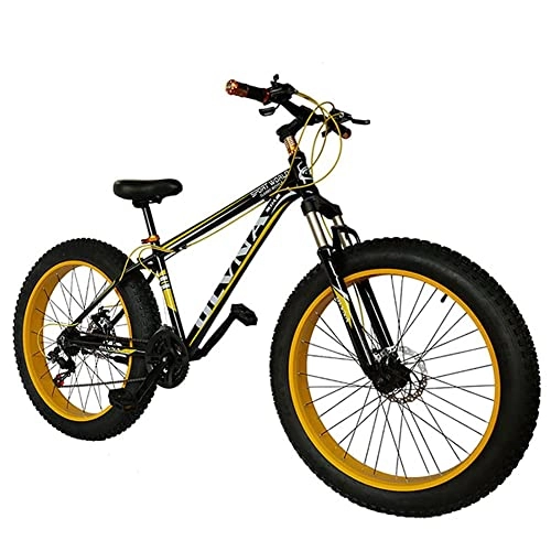 Fat Tyre Bike : 20 / 26 Inch Fat Tire Mountain Bike, Adult Men's and Women's Outdoor Road Bicycle, Sand Bike, 21-27 Speed, Disc Brake, Suspension Fork (Yellow 20inch / 21Speed)