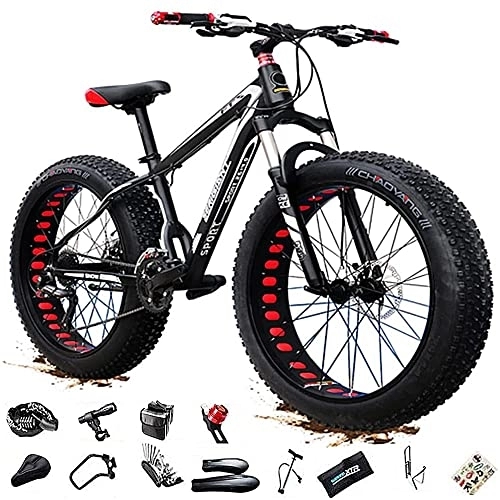 Fat Tyre Bike : 24 / 26 x 4.0 Inch Thick Wheel Men's Mountain Bikes, Adult Fat Tire Mountain Trail Bike, 27 / 30 Speed Bicycle, High-carbon Steel Frame, Dual Full Suspension Dual Disc Brake Bicycle, Black Red