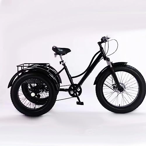 Fat Tyre Bike : 24 inch Adult Tricycle, 7 Speed Cruiser Trike, All Terrain Fat Tire 3 Wheel Bikes with Large Basket for Seniors, Women, Men, Adult Trikes for Shopping Picnic Outdoor Sports (Size : Black)