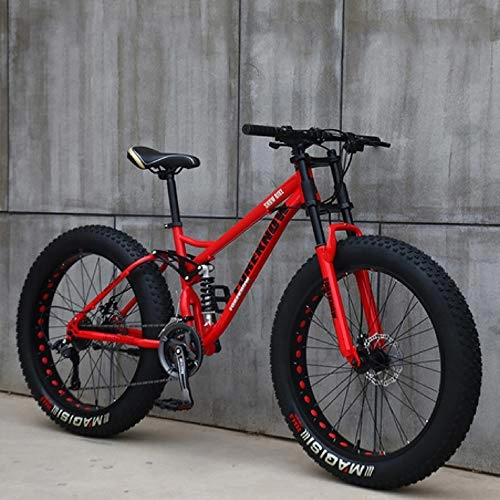 Fat Tyre Bike : 24-Inch Mountain Bike, 24-Speed Carbon Steel Frame Mountain Bike, Suspension Fork Mountain Bike, with Double Disc Brakes, for Men And Women, red