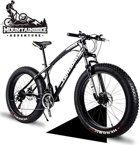 Fat Tyre Bike : 24 Inch Mountain Trail Bike with Fat Tire Adults Men Women Hardtail Mountain Bikes with Front Suspension Mechanical Disc Brakes Anti-Slip Carbon Steel Mountain Bicycle White 7 Speed-7 Speed_Black