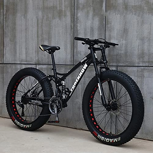 Fat Tyre Bike : 24" Mountain Bikes, 27 Speed Bicycle, Adult Fat Tire Mountain Trail Bike, High-Carbon Steel Frame Dual Full Suspension Dual Disc Brake black-7 speed