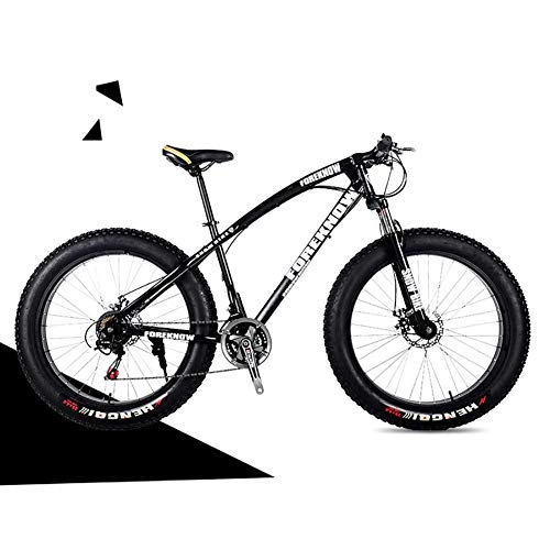 Fat Tyre Bike : 26 / 24 Inch Dual Disc Brake Mountain Snow Beach Fat Tire Variable Speed Bicycle, High Elasticity Comfortable Wide Large Saddle 21 Speed Change, Let You Ride Freely, Black, 26IN