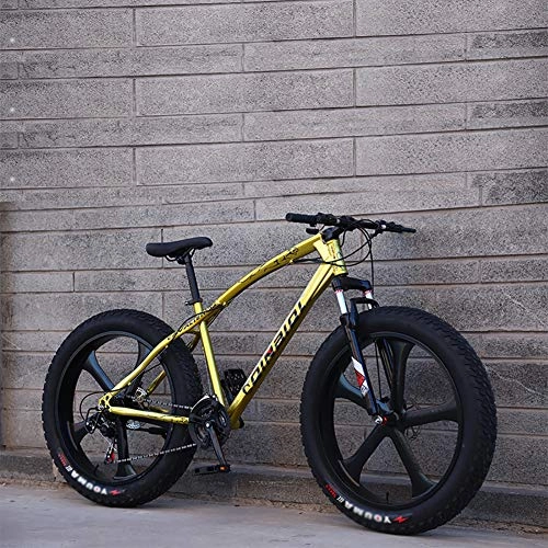 Fat Tyre Bike : 26 Inch Fat Tire Bicycle, Men Women Students Variable Speed Bike, Men's High-carbon Steel Frame Hardtail Mountain Bikes Gold 5 Spoke 26", 27-speed