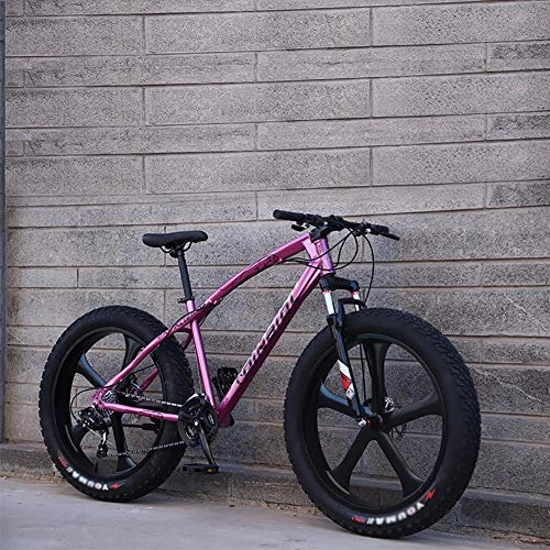 Fat Tyre Bike : 26 Inch Fat Tire Bicycle, Men Women Students Variable Speed Bike, Men's High-carbon Steel Frame Hardtail Mountain Bikes Pink 5 Spoke 26", 21-speed