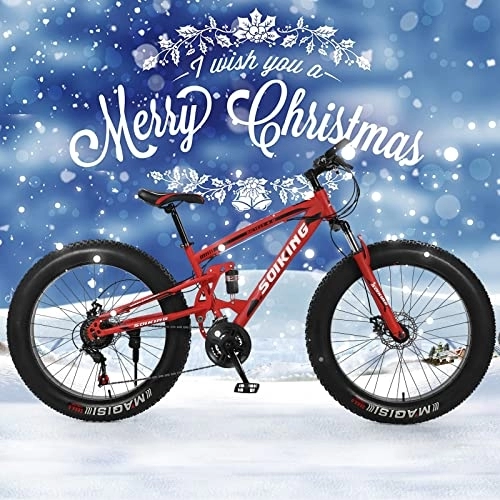 Fat Tyre Bike : 26 inch Fat Tire Mountain Bike Shimanos 21-Speed High-Carbon Steel Frame Full Suspension Bike for Teenagers and Adults Womens Big Tire Bike (Red, 581)