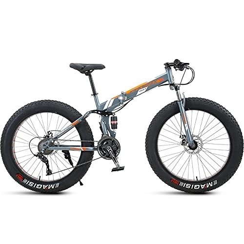 Fat Tyre Bike : 26 Inch Folding Mountain Bike with Full Suspension High Carbon Steel Frame, Mens Fat Tire Mountain Bik with 7 / 21 / 24 / 27 / 30 Speed, Double Disc Brake and 4-Inch Wide Knobby Tires