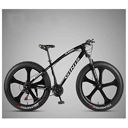 Fat Tyre Bike : 26 Inch Mountain Bicycle, High-carbon Steel Frame Fat Tire Mountain Trail Bike, Men's Womens Hardtail Mountain Bike with Dual Disc Brake, Black, 21 Speed 5 Spoke