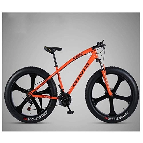 Fat Tyre Bike : 26 Inch Mountain Bicycle, High-carbon Steel Frame Fat Tire Mountain Trail Bike, Men's Womens Hardtail Mountain Bike with Dual Disc Brake, Orange, 21 Speed 5 Spoke