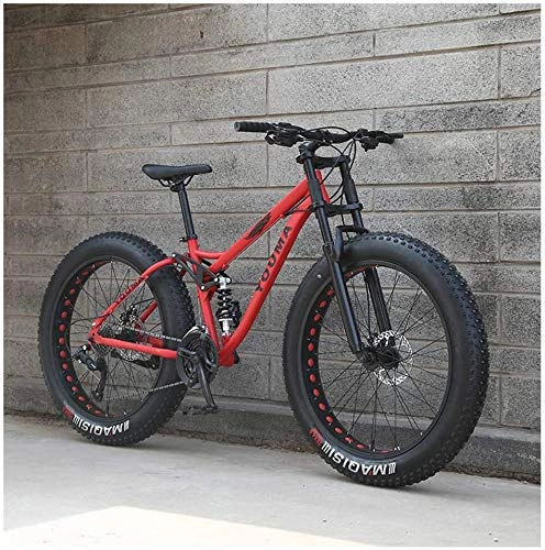 Fat Tyre Bike : 26 Inch Mountain Bikes, Adult Boys Girls Fat Tire Mountain Trail Bike, Dual Disc Brake Bicycle, High-carbon Steel Frame, Anti-Slip Bikes, Red, 21 Speed