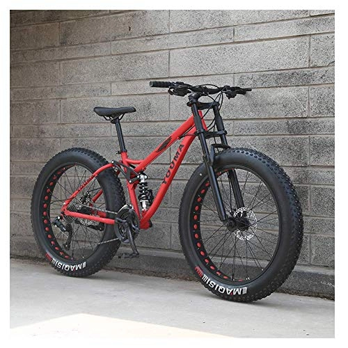 Fat Tyre Bike : 26 Inch Mountain Bikes, Adult Boys Girls Fat Tire Mountain Trail Bike, Dual Disc Brake Bicycle, High-carbon Steel Frame, Anti-Slip Bikes, Red, 24 Speed