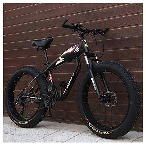 Fat Tyre Bike : 26 Inch Mountain Bikes, Fat Tire Hardtail Mountain Bike, Aluminum Frame Alpine Bicycle, Mens Womens Bicycle with Front Suspension, Black, 24 Speed Spoke