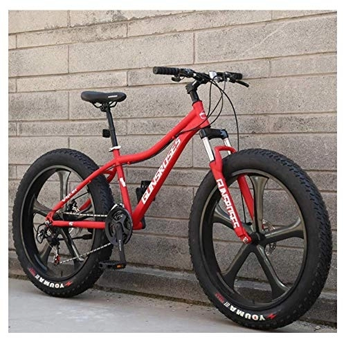 Fat Tyre Bike : 26 Inch Mountain Bikes, High-carbon Steel Hardtail Mountain Bike, Fat Tire All Terrain Mountain Bike, Women Men's Anti-Slip Bikes, Red, 21 Speed 5 Spoke