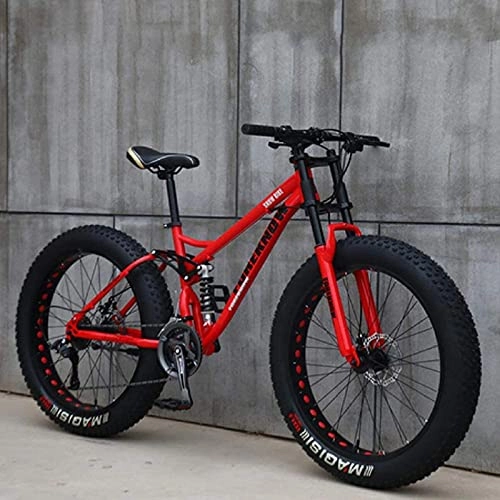 Fat Tyre Bike : 26" Mountain Bikes, 24 Speed Bicycle, Adult Fat Tire Mountain Trail Bike, High-Carbon Steel Frame Dual Full Suspension Dual Disc Brake red