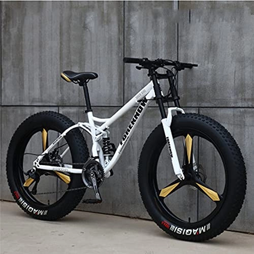 Fat Tyre Bike : 26'' Mountain Bikes, 27 Speed Adult Fat Tire Beach Snow Bicycle, Lightweight High-Carbon Steel Frame, Student Outdoor Camping Double Shock-Absorbing All Terrain Sand White-21 speed