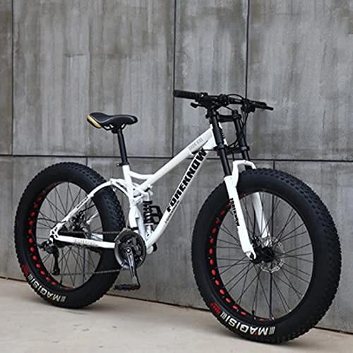 Fat Tyre Bike : 26" Mountain Bikes, 7 / 21 / 24 / 27 Speed Bicycle, Adult Super Wide 4.0 Big Tire Mountain Trail Bike, High-Carbon Steel Frame Dual Full Suspension Dual Disc Brake, Six Co White-21 speed