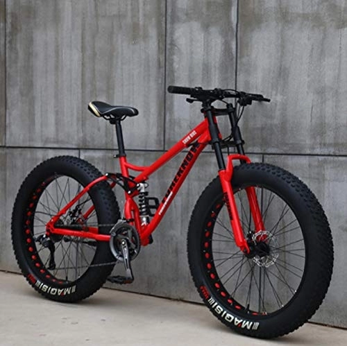 Fat Tyre Bike : 26" Mountain Bikes, Adult Fat Tire Mountain Trail Bike, 21 Speed Bicycle, High-carbon Steel Frame Dual Full Suspension Dual Disc Brake (Red)