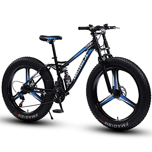 Fat Tyre Bike : 26" Mountain Bikes, Adult Fat Tire Mountain Trail Bike, Snow Bike Road Bike, 21 Speed Bicycle, High-carbon Steel Frame Dual Full Suspension Dual Disc Brake (Black Blue1)