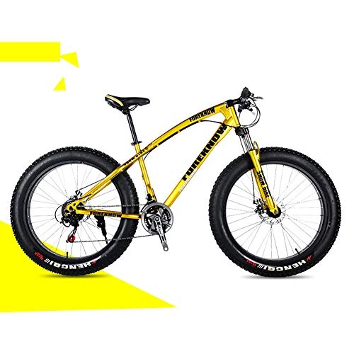 Fat Tyre Bike : 26In Dual-Suspension Mountain Bikes with Dual Disc Brake for Adults Men Women, High-Carbon Steel Mountain Trail Bike-All Terrain Anti-Slip Fat Tire Mountain Bicycle, Gold, 7 speed