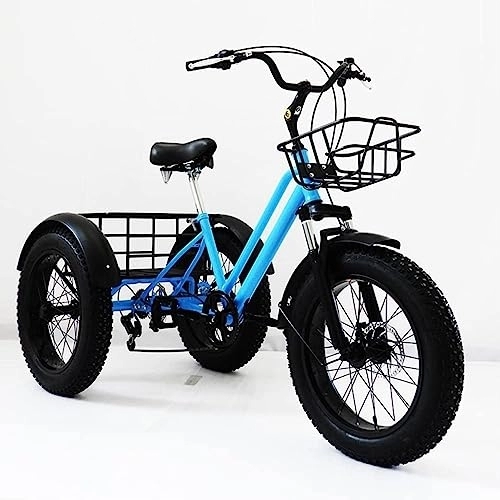 Fat Tyre Bike : 7-Speed Adult Tricycle with Carry Cargo Basket 20Inch, All Terrain Fat Tire Trike Urban Leisure Cycling Three-Wheel Bikes for Shopping, Beach and City Trike Perfect for Men, Women, Seniors ( Métal : Bl
