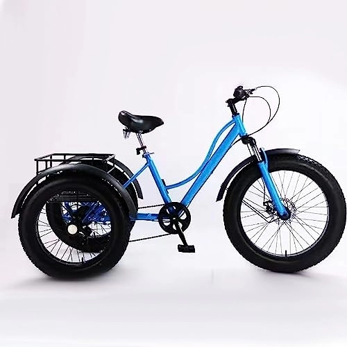 Fat Tyre Bike : 7 Speeds Adult Tricycles 24 Inch with Large Basket, All Terrain Fat Tire Trike Urban Leisure Cycling, 3 Wheels Cruise Bicycles for Shopping, Beach for Men Women Senior for Recreation ( Métal : Blue )