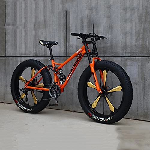 Fat Tyre Bike : Adult Fat Tire Mountain Bike, 26-Inch Wheels, 4-Inch Wide Knobby Tires, 21 / 24 / 27-Speed, Steel Frame, Full Suspension Fork Dual Disc Brakes MTB, Multiple Colors, B, 24