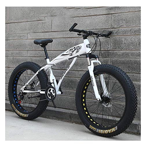 Fat Tyre Bike : Adult Mountain Bikes, Boys Girls Fat Tire Mountain Trail Bike, Dual Disc Brake Hardtail Mountain Bike, High-Carbon Steel Frame, Bicycle, Blue E, 26 inch 21 Speed, White C, 24 Inch 24 Speed