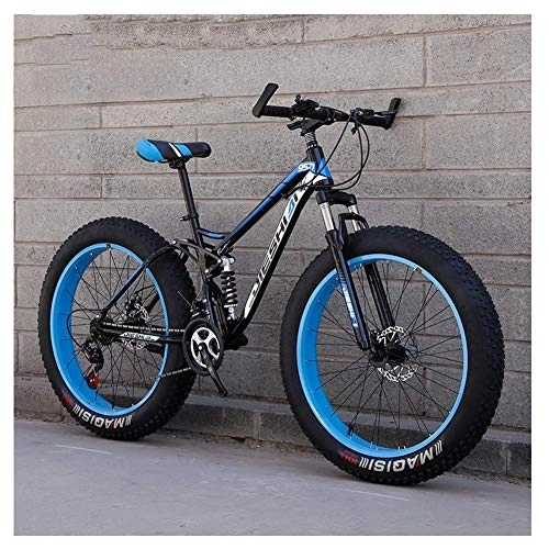 Fat Tyre Bike : Adult Mountain Bikes, Fat Tire Dual Disc Brake Hardtail Mountain Bike, Big Wheels Bicycle, High-carbon Steel Frame, Blue, 24 Inch 21 Speed