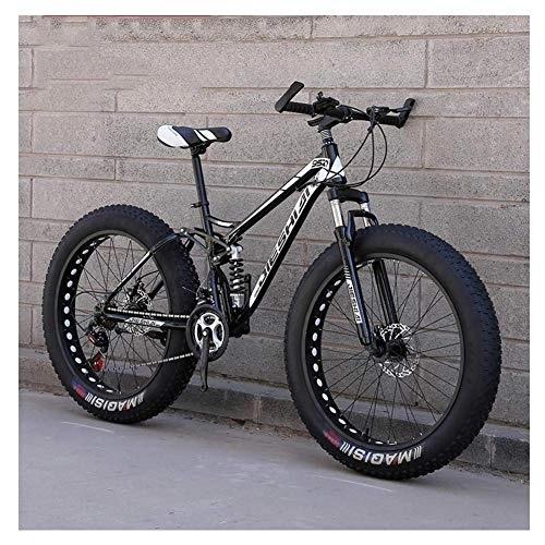 Fat Tyre Bike : Adult Mountain Bikes, Fat Tire Dual Disc Brake Hardtail Mountain Bike, Big Wheels Bicycle, High-carbon Steel Frame, New Black, 24 Inch 21 Speed