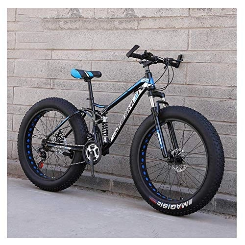 Fat Tyre Bike : Adult Mountain Bikes, Fat Tire Dual Disc Brake Hardtail Mountain Bike, Big Wheels Bicycle, High-carbon Steel Frame, New Blue, 24 Inch 21 Speed