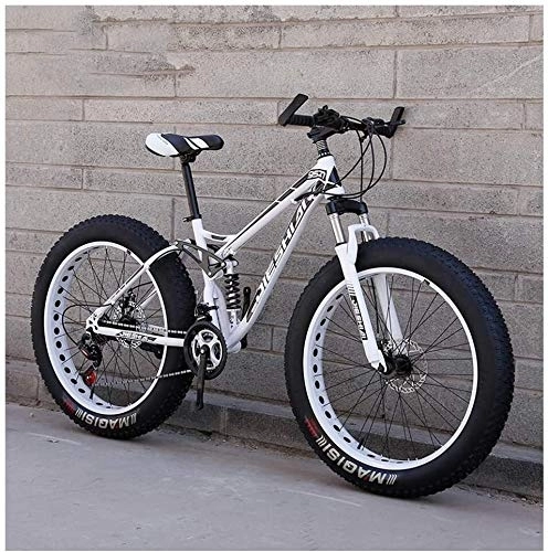 Fat Tyre Bike : Adult Mountain Bikes, Fat Tire Dual Disc Brake Hardtail Mountain Bike, Big Wheels Bicycle, High-carbon Steel Frame, New Blue, 26 Inch 27 Speed (Color : New White, Size : 24 Inch 21 Speed)