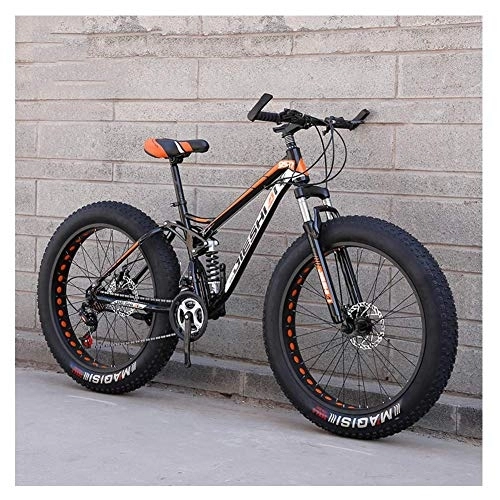Fat Tyre Bike : Adult Mountain Bikes, Fat Tire Dual Disc Brake Hardtail Mountain Bike, Big Wheels Bicycle, High-carbon Steel Frame, New Orange, 24 Inch 24 Speed