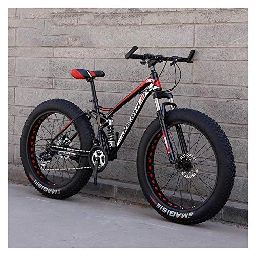 Fat Tyre Bike : Adult Mountain Bikes, Fat Tire Dual Disc Brake Hardtail Mountain Bike, Big Wheels Bicycle, High-carbon Steel Frame, New Red, 24 Inch 24 Speed