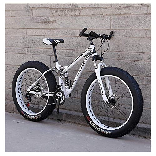 Fat Tyre Bike : Adult Mountain Bikes, Fat Tire Dual Disc Brake Hardtail Mountain Bike, Big Wheels Bicycle, High-carbon Steel Frame, New White, 24 Inch 27 Speed