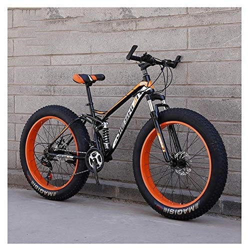 Fat Tyre Bike : Adult Mountain Bikes, Fat Tire Dual Disc Brake Hardtail Mountain Bike, Big Wheels Bicycle, High-carbon Steel Frame, Orange, 24 Inch 24 Speed