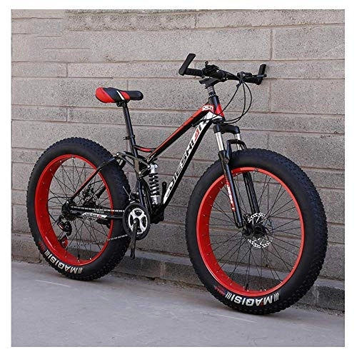 Fat Tyre Bike : Adult Mountain Bikes, Fat Tire Dual Disc Brake Hardtail Mountain Bike, Big Wheels Bicycle, High-carbon Steel Frame, Red, 24 Inch 21 Speed