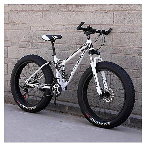 Fat Tyre Bike : Adult Mountain Bikes, Fat Tire Dual Disc Brake Hardtail Mountain Bike, Big Wheels Bicycle, High-carbon Steel Frame, White, 26 Inch 27 Speed